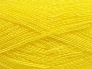 Very thin yarn. It is spinned as two threads. So you will knit as two threads. Yardage information is for only one strand. Fiber Content 100% Acrylic, Neon Yellow, Brand Ice Yarns, Yarn Thickness 1 SuperFine Sock, Fingering, Baby, fnt2-66146