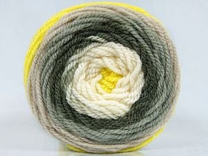 This is a self-striping yarn. Please see package photo for the color combination. Fiber Content 80% Acrylic, 20% Wool, Neon Yellow, Khaki Shades, Brand Ice Yarns, Cream, Beige, fnt2-73276