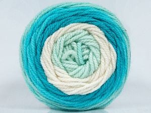 This is a self-striping yarn. Please see package photo for the color combination. İçerik 80% Akrilik, 20% Yün, White, Turquoise Shades, Brand Ice Yarns, fnt2-73277